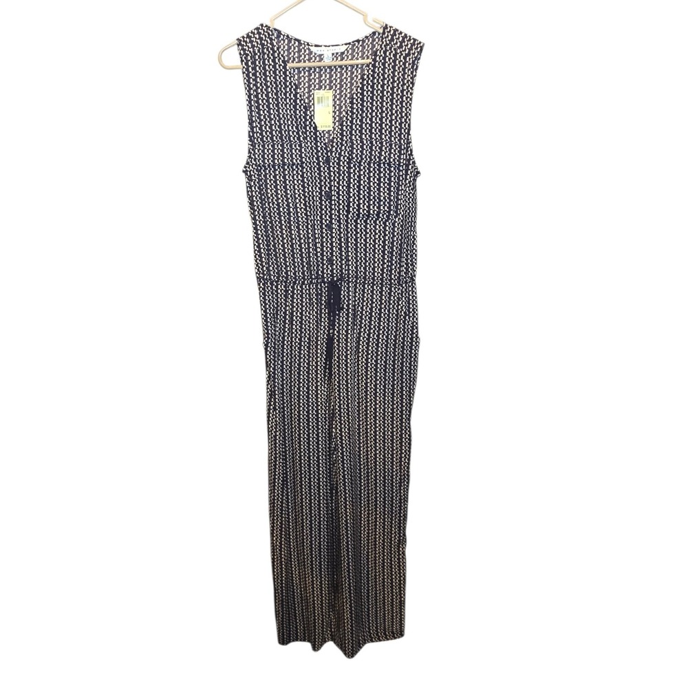 Max Studio Jumpsuit Womens Large Blue Geometric Sleeveless Button Front Wide Leg